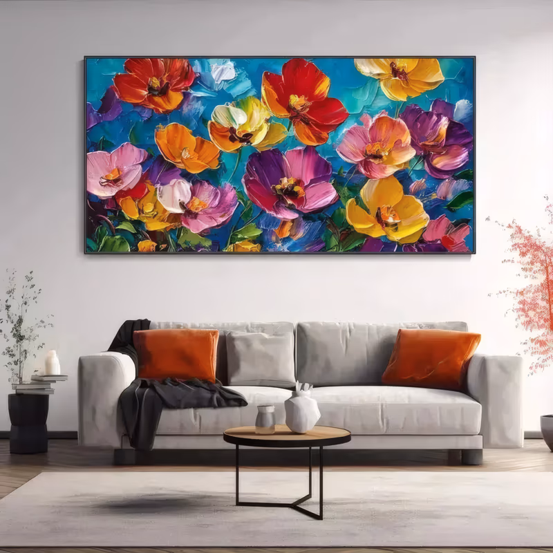 an oversized panoramic painting of open red, yellow, magenta and orange poppy blooms with green leaves packed against a deep teal-blue ground, worked in heavy palette-knife impasto