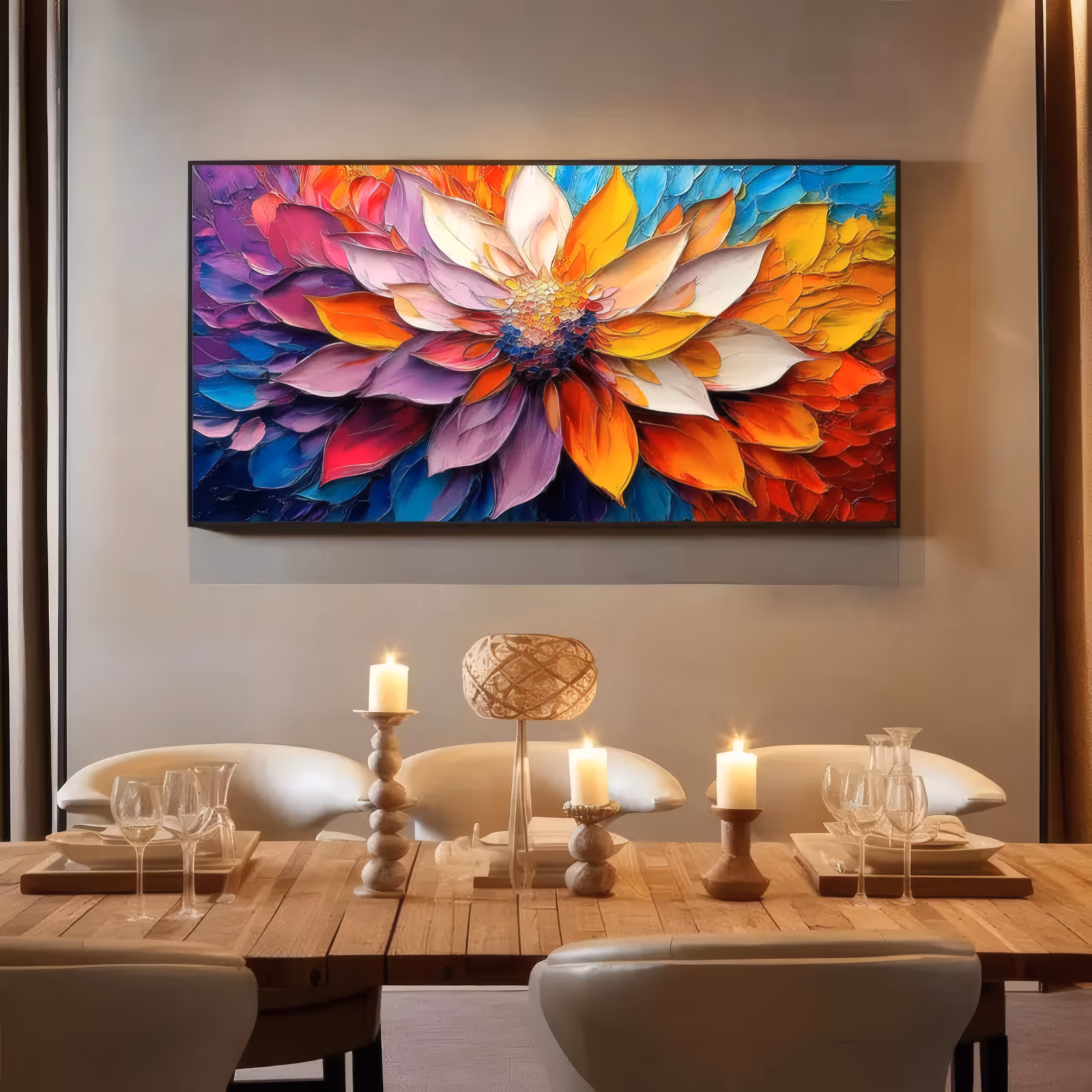 a wide panoramic palette-knife painting of one giant dahlia opening from a beaded blue and gold center, its petals grading through purple, magenta, cream, orange and red with turquoise between them, in heavy impasto