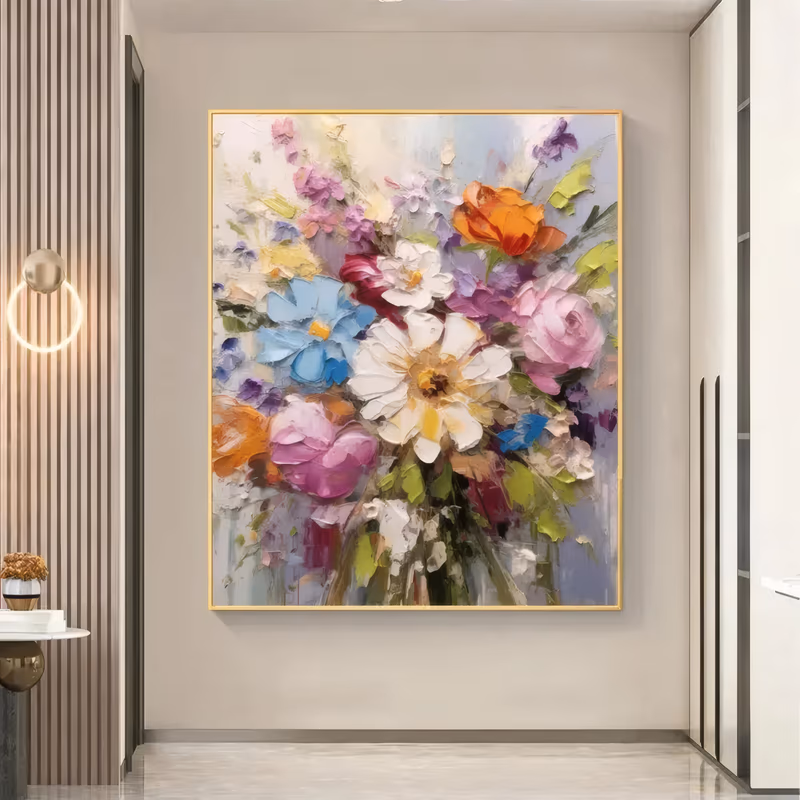 a large vertical impressionist painting of a mixed bouquet with a white daisy at the center, blue cosmos, pink and orange roses and lilac sprigs fanning out above a pale gray ground, in thick knife-laid paint