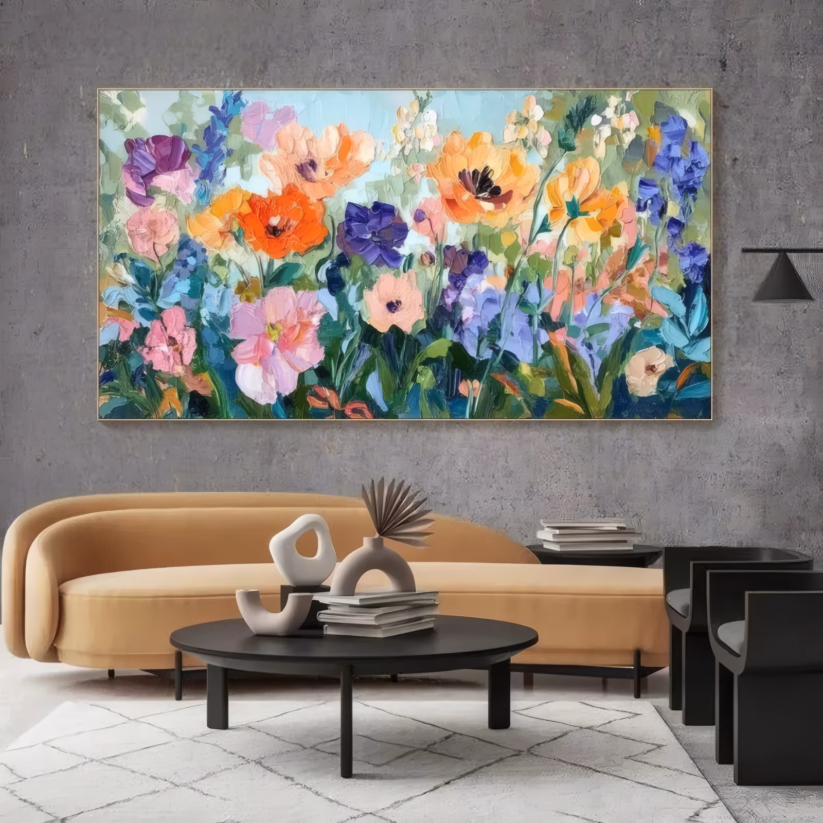 a wide horizontal impressionist painting of a summer garden with orange poppies, purple anemones, pink peonies and blue larkspur on green stems, over a pale blue-green sky, in heavy knife-laid oil
