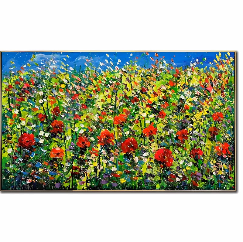a wide horizontal impressionist wall art of a dense poppy meadow, red blooms and white and yellow wildflowers packed through bright green grass under a narrow band of deep blue sky, in thick palette-knife impasto