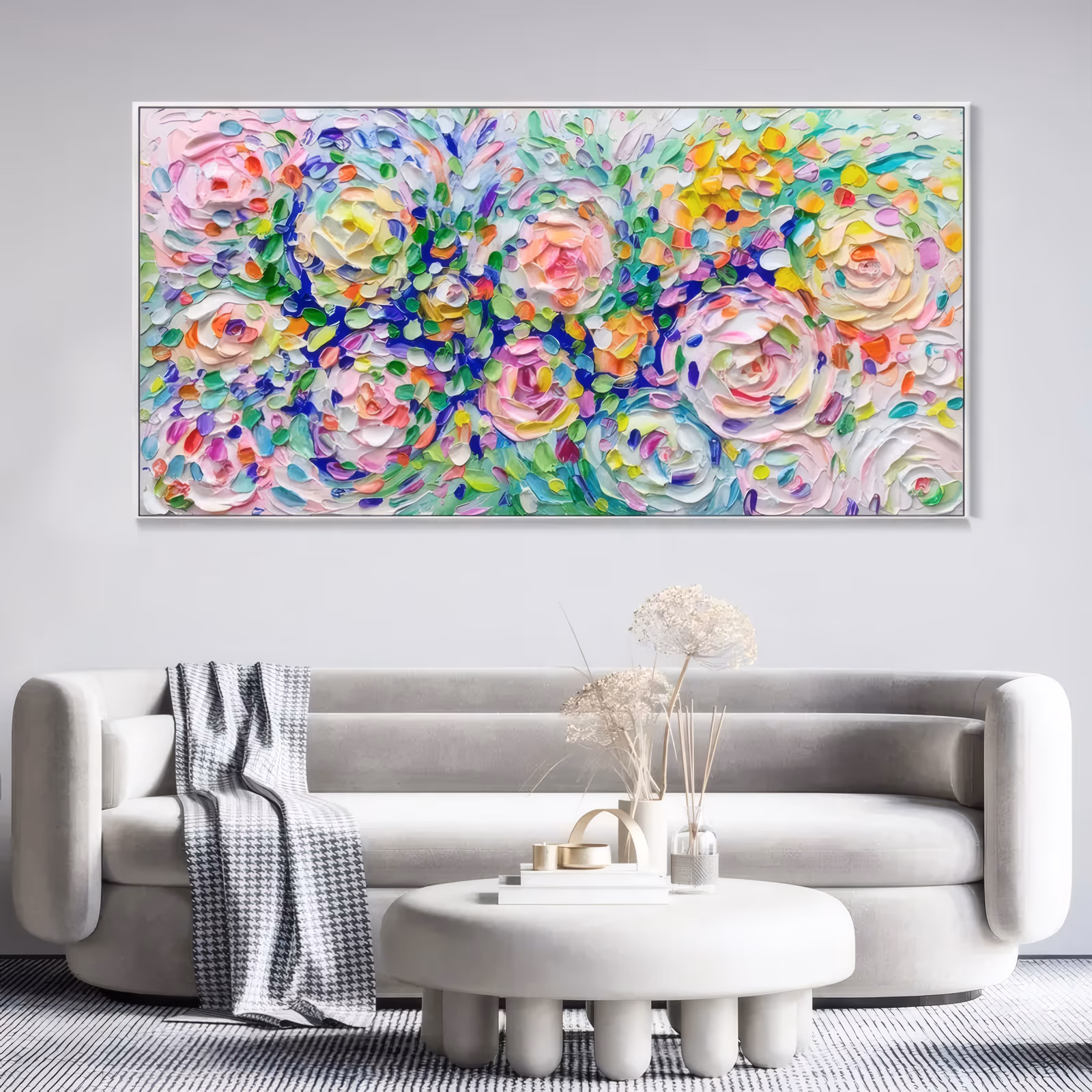 a long horizontal textured floral painting of pastel pink, white and yellow roses massed in a wide band with green, blue and purple paint dabs between them, built from very thick dabs of oil