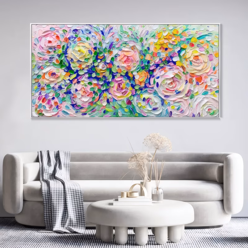 a long horizontal textured floral painting of pastel pink, white and yellow roses massed in a wide band with green, blue and purple paint dabs between them, built from very thick dabs of oil