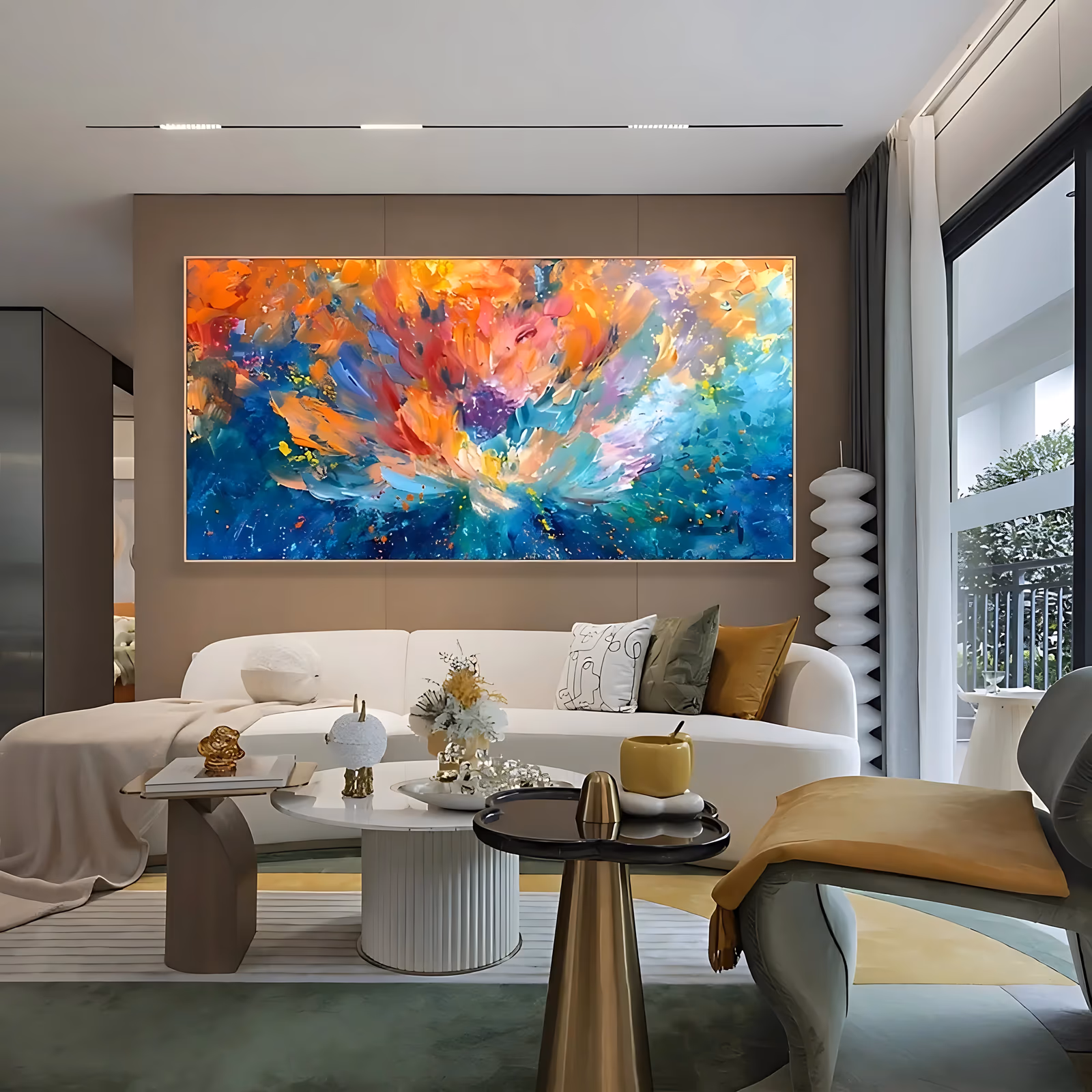 a large panoramic abstract painting of an exploding flower shape, orange, coral and white petals radiating from a purple core over a deep blue and teal ground flecked with yellow, in thick palette-knife acrylic