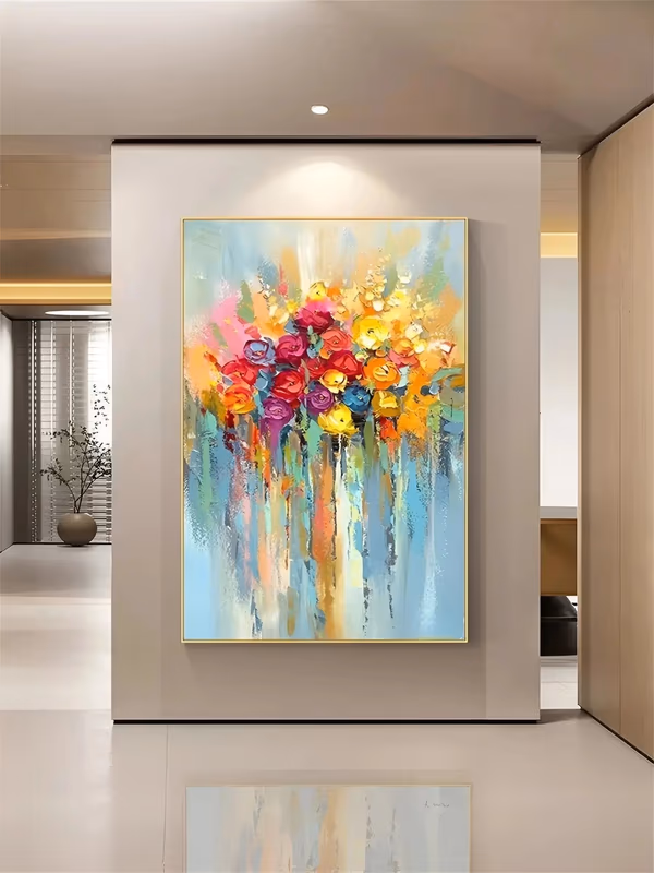 a large vertical impasto painting of a bouquet of red, yellow, pink and orange roses massed at the center, their stems dissolving into pale blue and cream drips below, built in thick palette-knife oil