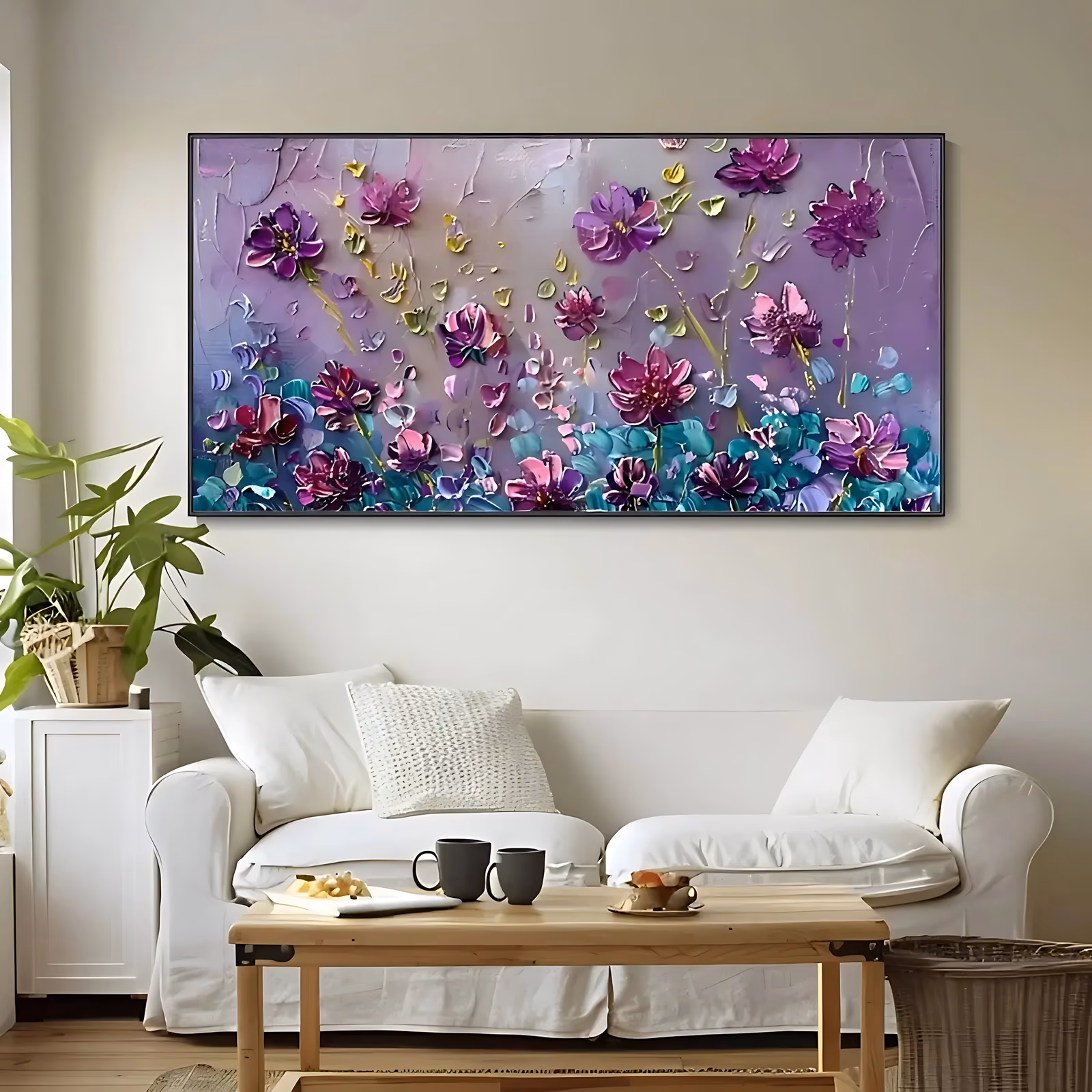 a wide panoramic textured painting of purple and magenta blooms rising on slim gold-green stems from a band of teal leaves along the lower edge, set on a soft lavender ground in heavy palette-knife impasto