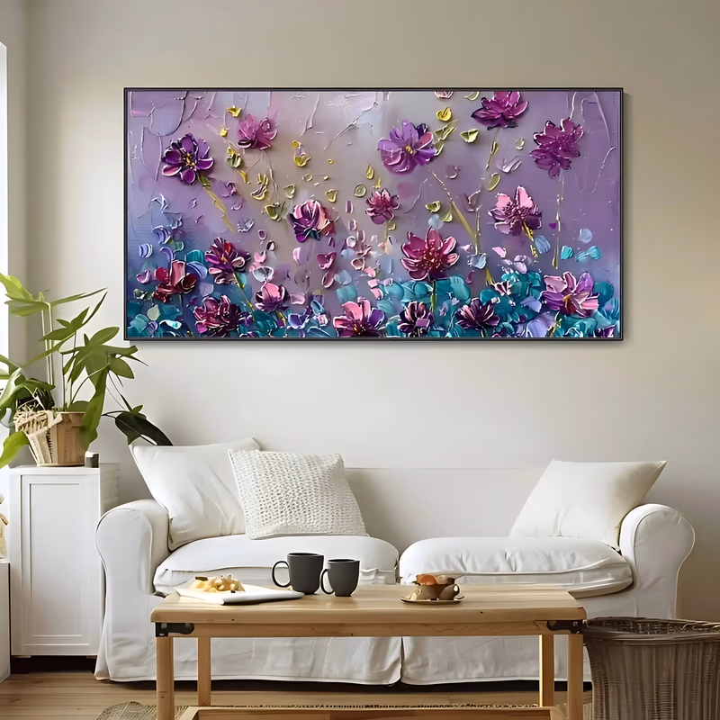 a wide panoramic textured painting of purple and magenta blooms rising on slim gold-green stems from a band of teal leaves along the lower edge, set on a soft lavender ground in heavy palette-knife impasto