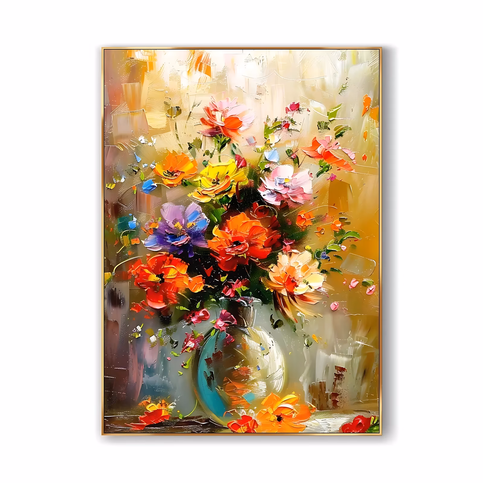 a large vertical still life of a wildflower bouquet in a glass vase, with orange, red, yellow and purple blooms scattering outward on a warm golden background, in thick knife-laid oil