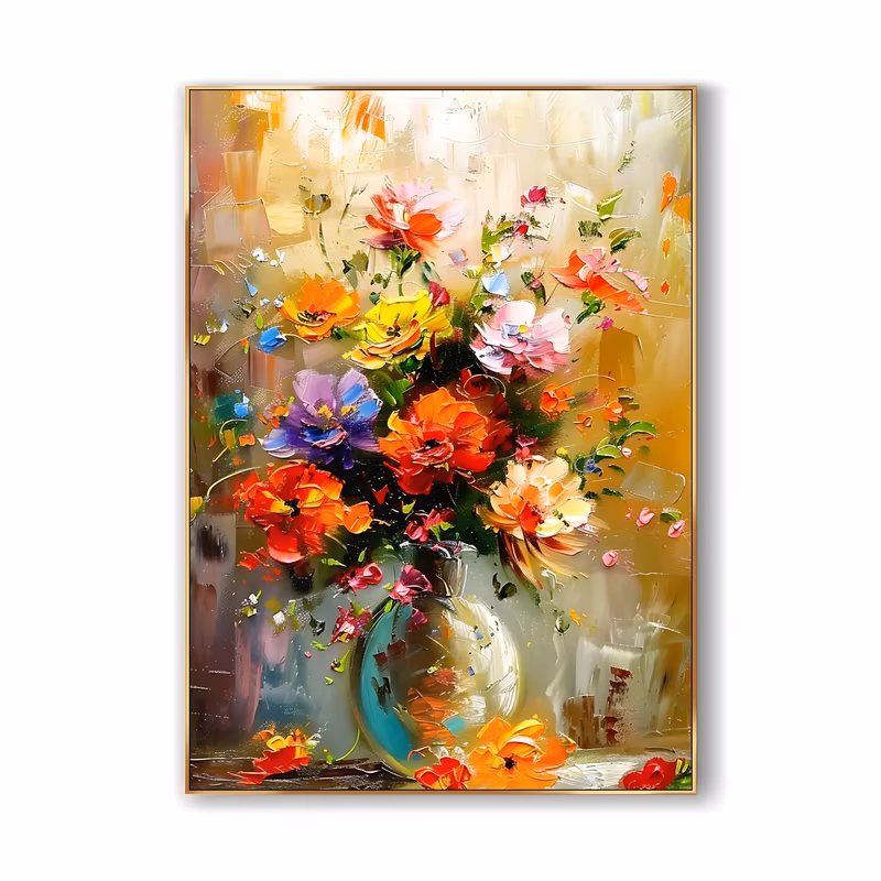 a large vertical still life of a wildflower bouquet in a glass vase, with orange, red, yellow and purple blooms scattering outward on a warm golden background, in thick knife-laid oil