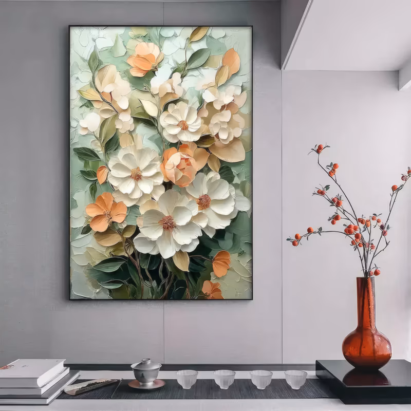 a large vertical textured floral painting of white and cream blossoms with apricot flowers and sage green leaves massed up the center on a soft mint ground, petals laid on in heavy knife strokes
