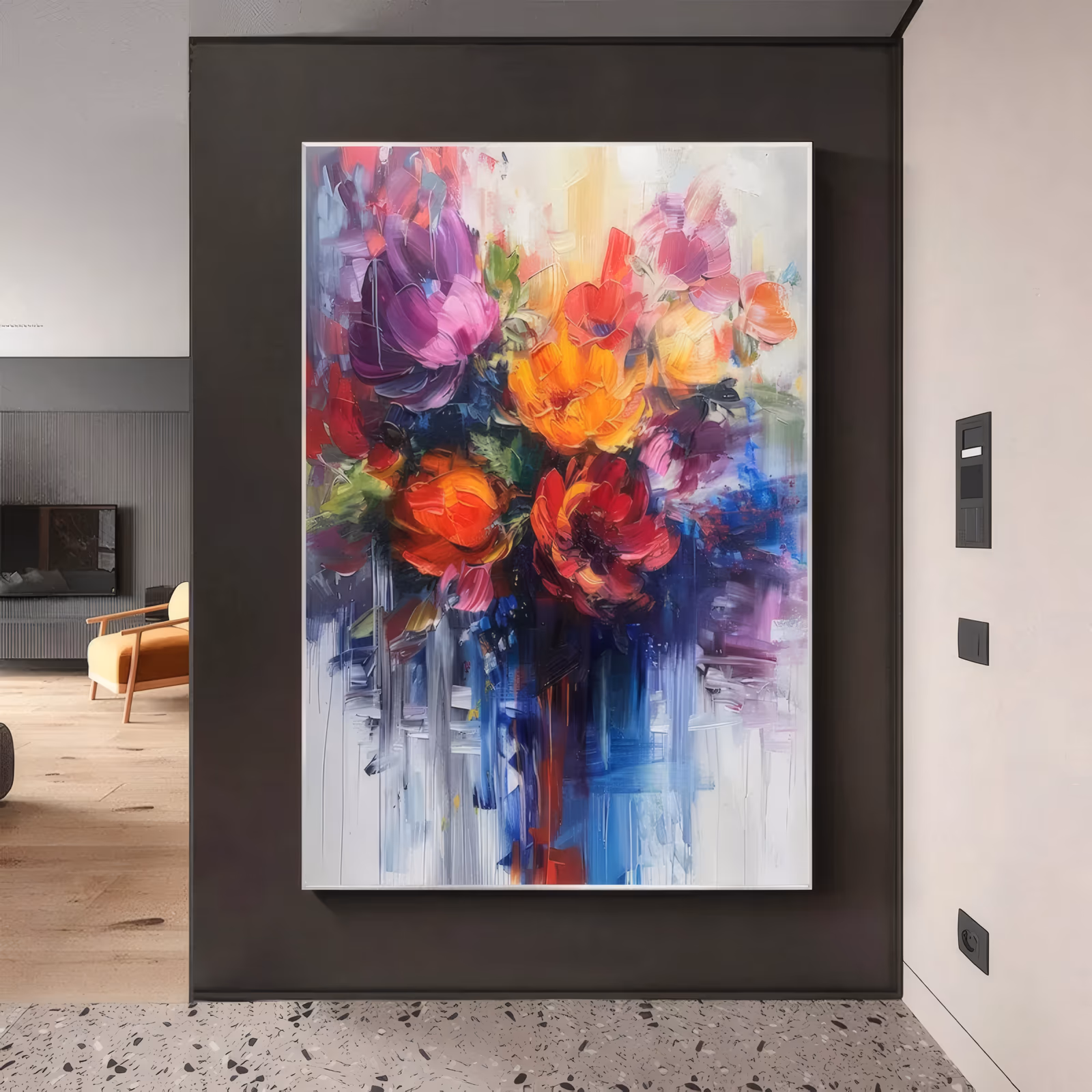 a large vertical palette-knife painting of a loose bouquet, with a plum tulip, orange and scarlet poppies and yellow blooms massed at the top over blue and red paint running down a white ground, in thick oil