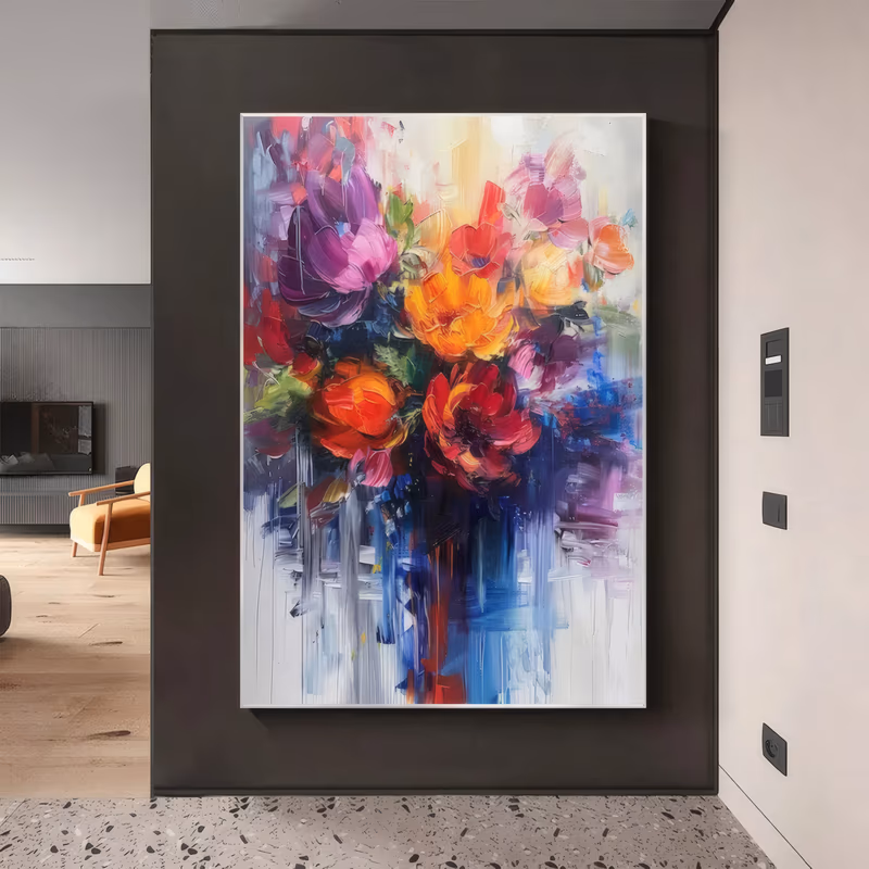 a large vertical palette-knife painting of a loose bouquet, with a plum tulip, orange and scarlet poppies and yellow blooms massed at the top over blue and red paint running down a white ground, in thick oil