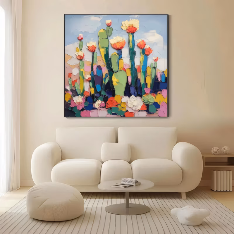 a large square palette-knife painting of flowering cacti standing upright at the center, green paddles topped with cream, red and yellow blooms above a mosaic of pink, blue and purple desert rocks, in ridged impasto