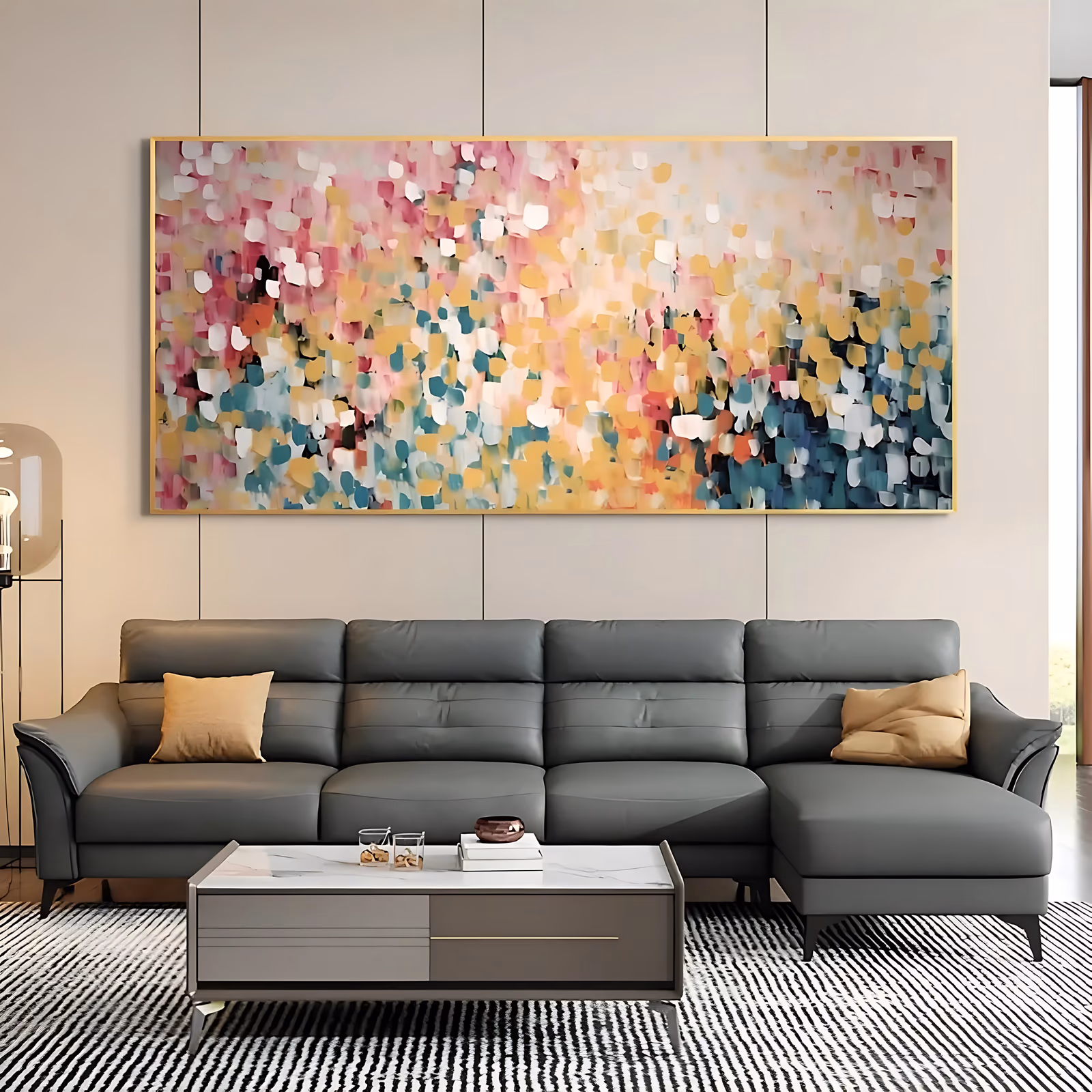an oversized horizontal abstract painting of hundreds of short palette-knife dabs in pink, yellow, white, teal and orange, packed into a dense field that pales toward the top, in thick raised paint