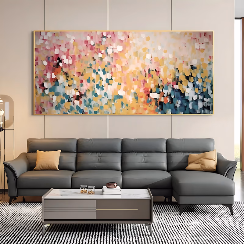 an oversized horizontal abstract painting of hundreds of short palette-knife dabs in pink, yellow, white, teal and orange, packed into a dense field that pales toward the top, in thick raised paint