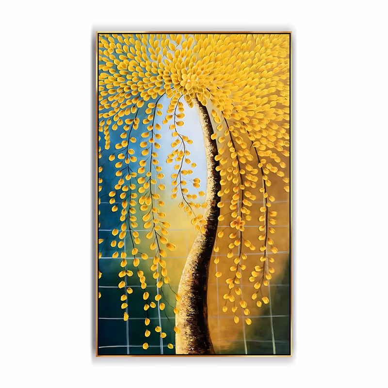 a large vertical textured painting of a tree with a curving gold-brown trunk and long weeping branches hung with raised golden-yellow petal dabs, on a teal, green and ochre ground with faint grid lines, in 3D relief