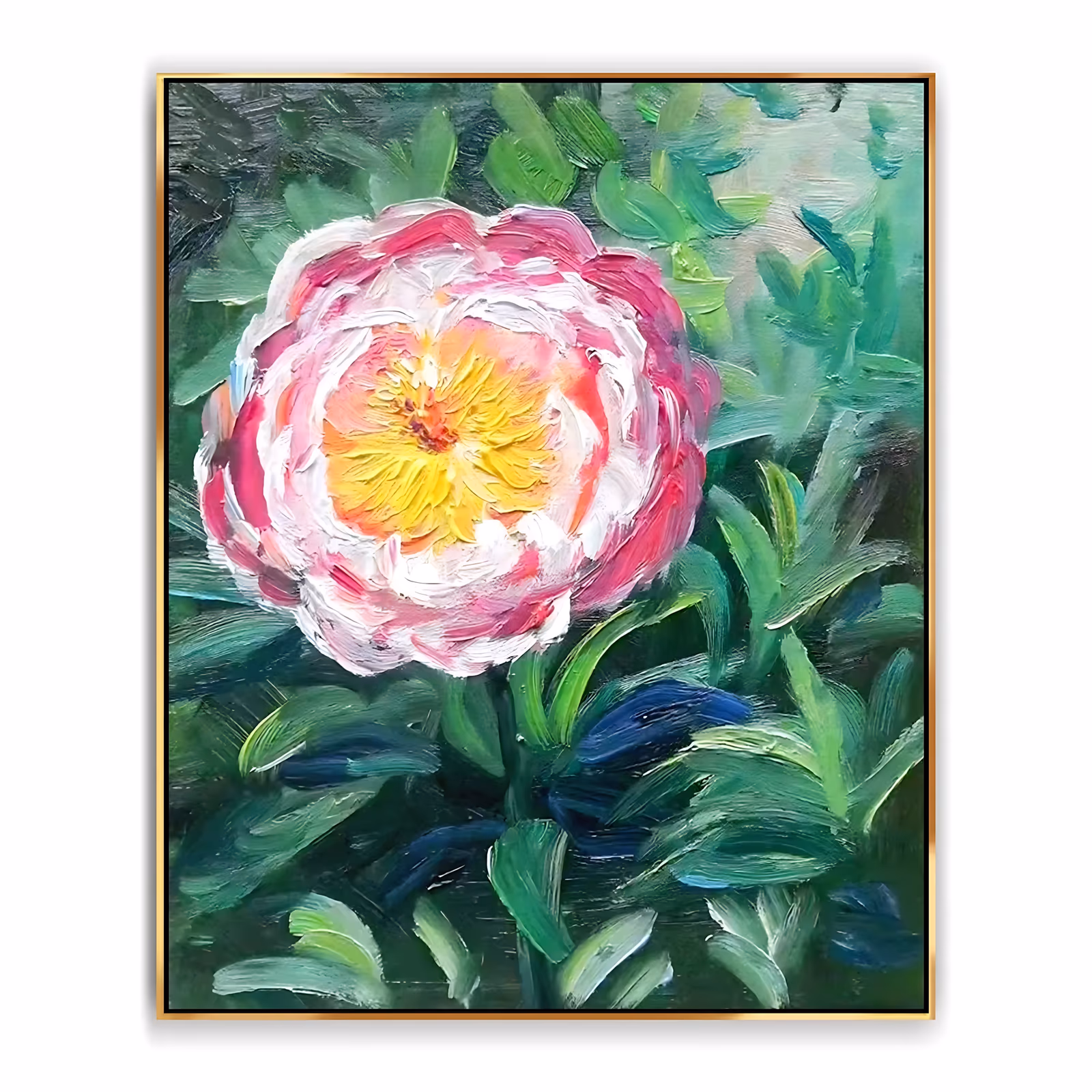 a large vertical floral painting of one open peony in pink, magenta and white with a bright yellow center, sitting left of center over broad green and navy leaf strokes, in thick brushed oil
