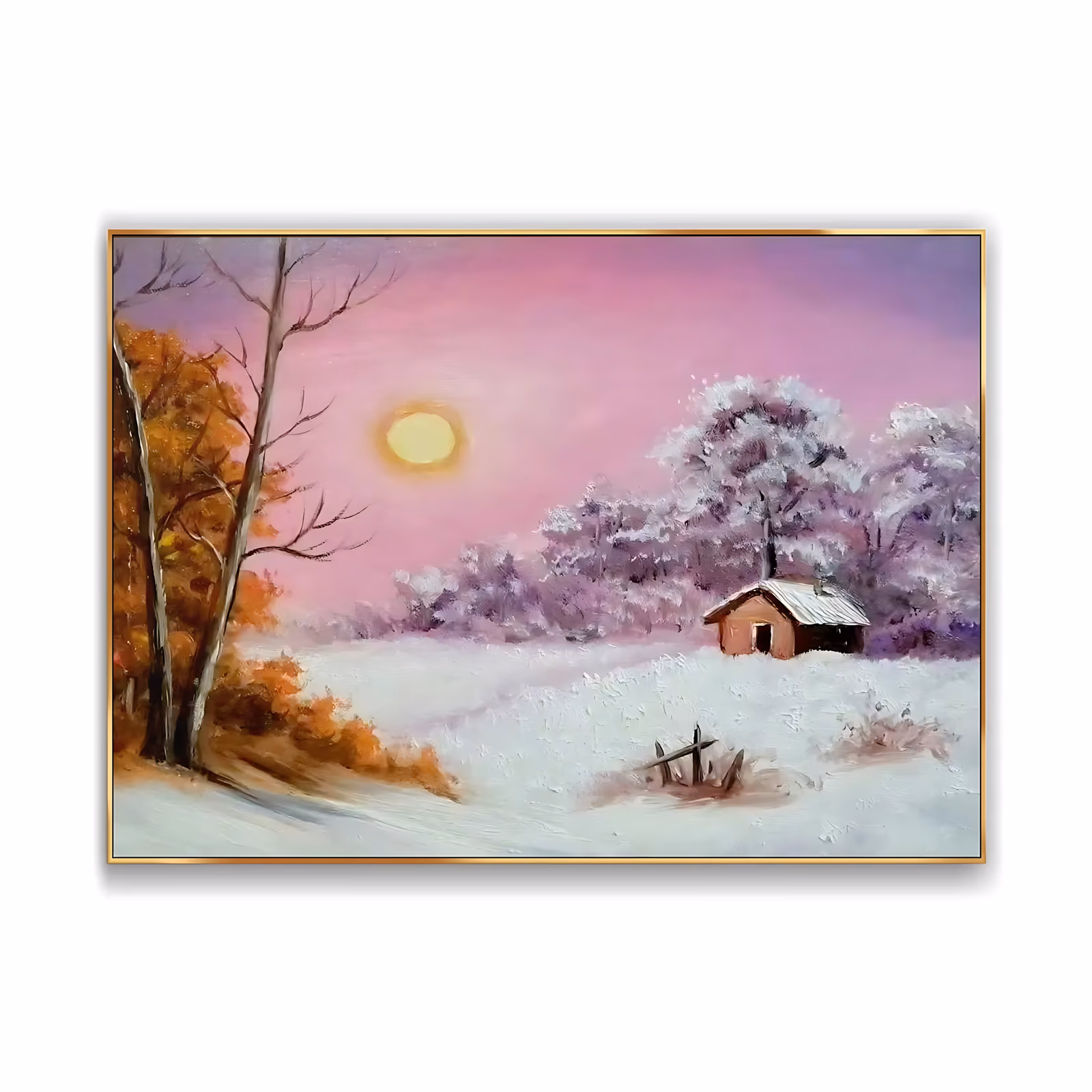 a horizontal impressionist painting of a small brown cabin among frost-covered trees on the right, a bare tree and an orange autumn tree on the left, and a wide snowfield under a pink sky with a pale sun, in soft oil