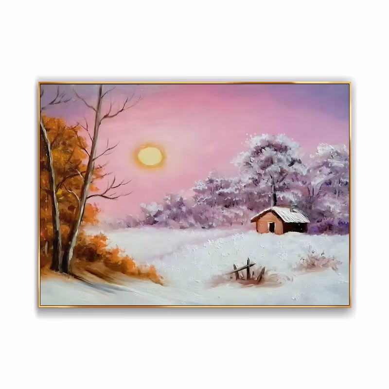a horizontal impressionist painting of a small brown cabin among frost-covered trees on the right, a bare tree and an orange autumn tree on the left, and a wide snowfield under a pink sky with a pale sun, in soft oil