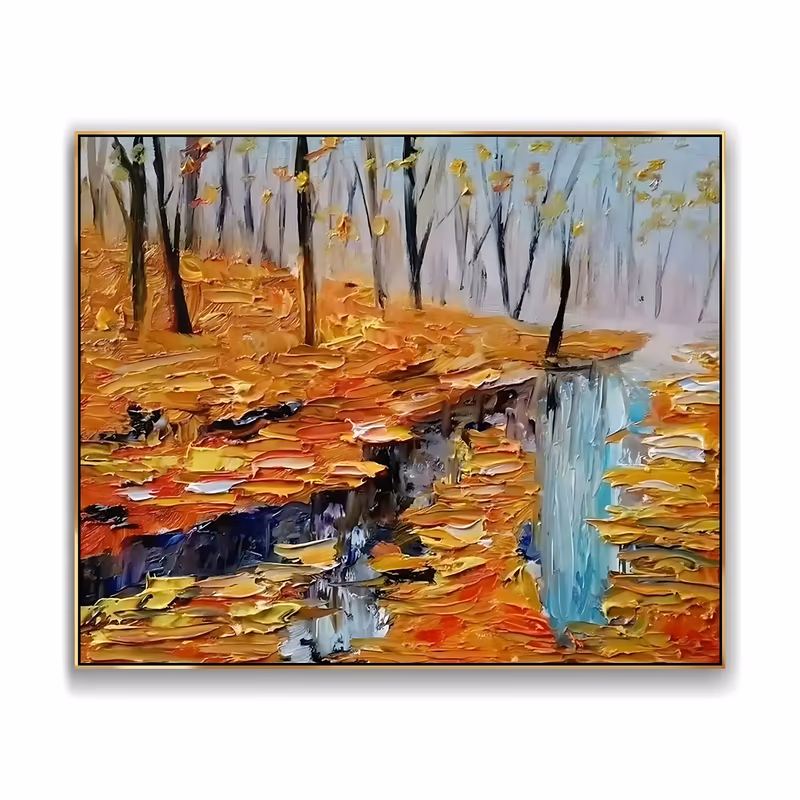 an oversized horizontal impressionist painting of a forest floor deep in orange and yellow leaves, bare dark trunks in a gray mist behind, and a pale icy blue stream falling at right, in heavy impasto