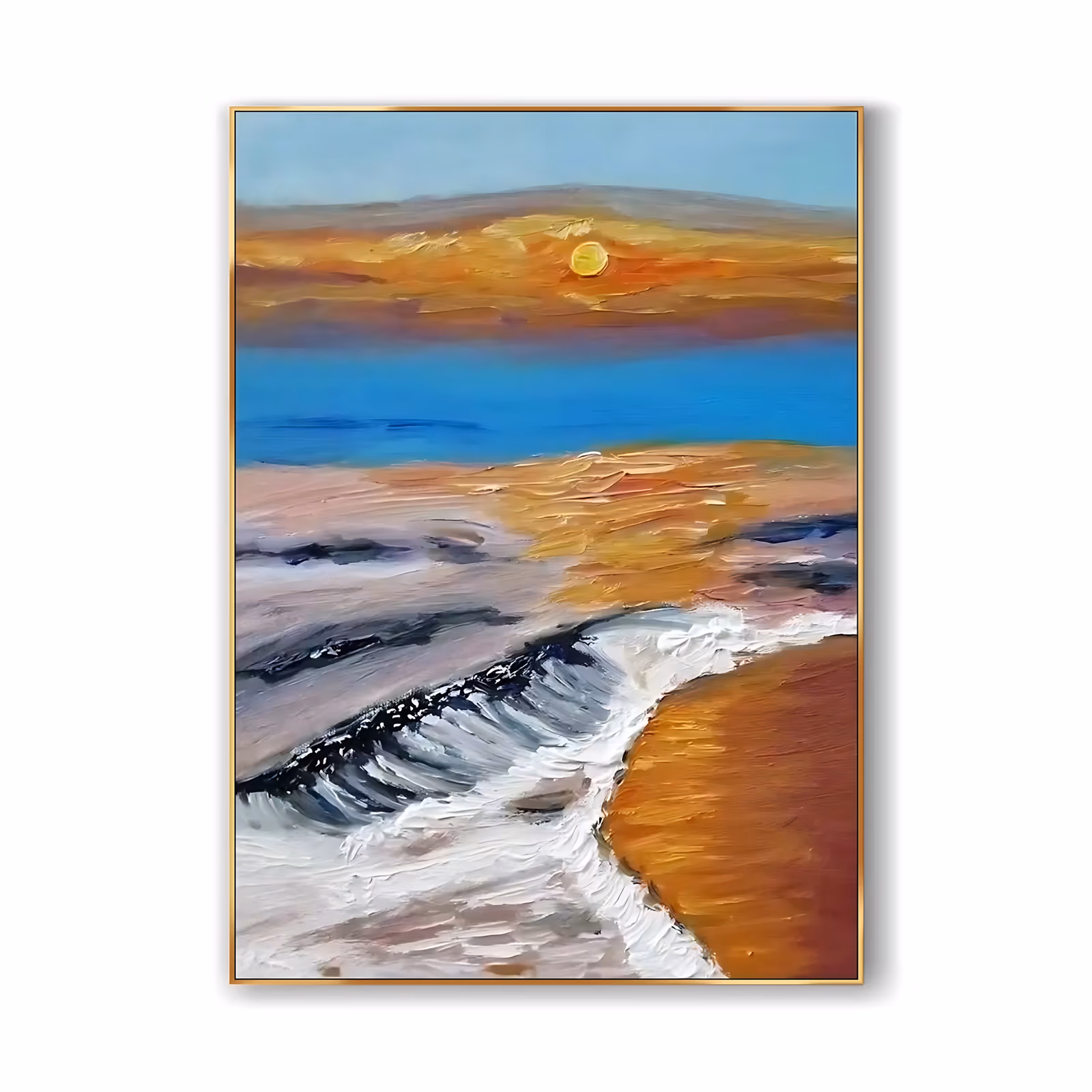 a large vertical seascape painting of a white and charcoal wave breaking onto orange sand in the lower half, with a blue band of sea, an ochre cloud bank and a small yellow sun above, in thick knife-laid oil