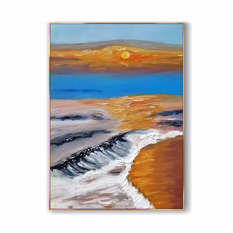 a large vertical seascape painting of a white and charcoal wave breaking onto orange sand in the lower half, with a blue band of sea, an ochre cloud bank and a small yellow sun above, in thick knife-laid oil