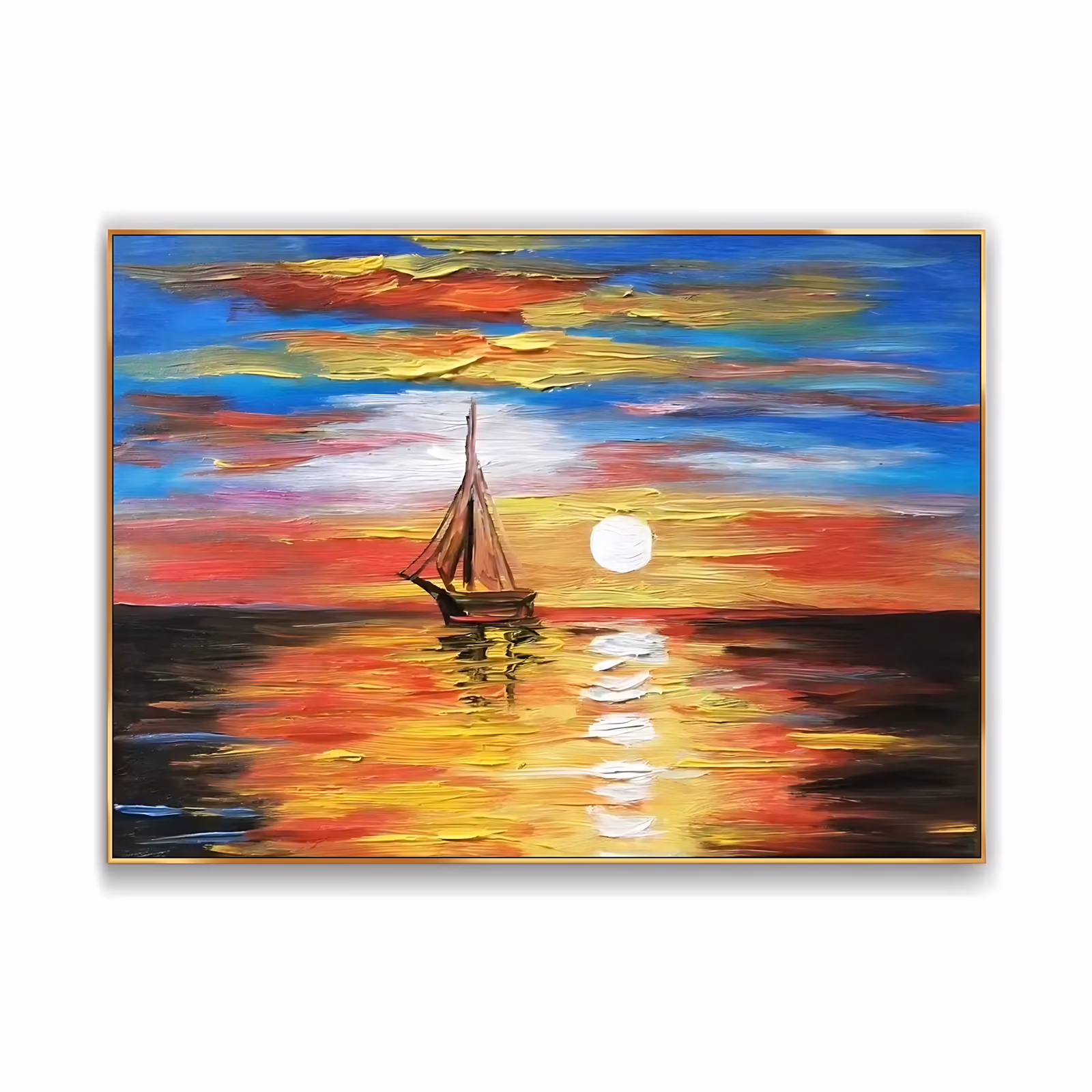a large horizontal impressionist painting of a dark sailboat with a rust-red sail at center left, a white sun and its gold reflection on the black water, under a banded blue, red and yellow sky, in knife-laid oil