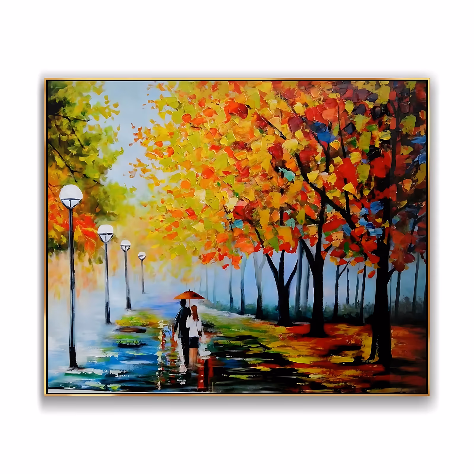 an oversized horizontal impressionist painting of a couple walking away under a red umbrella on a wet gray path, white globe lamp posts at left and yellow and red autumn trees at right, in thick knife strokes