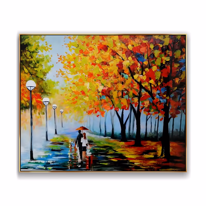 an oversized horizontal impressionist painting of a couple walking away under a red umbrella on a wet gray path, white globe lamp posts at left and yellow and red autumn trees at right, in thick knife strokes