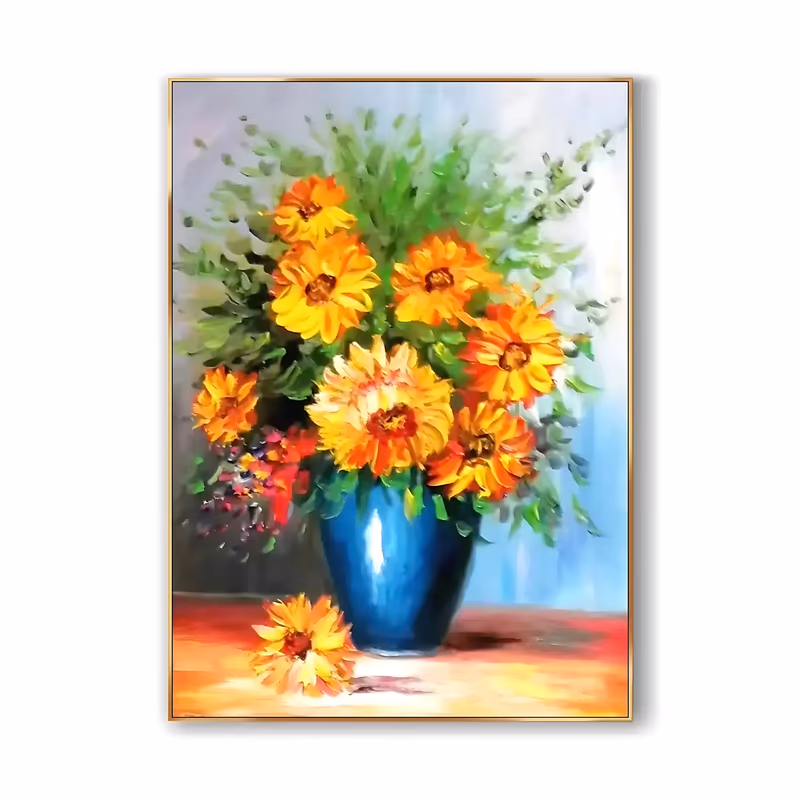 a large vertical still life painting of orange and yellow sunflowers with green foliage arranged in a glossy blue ceramic vase on a red-orange table, one bloom fallen beside it, in blended oil
