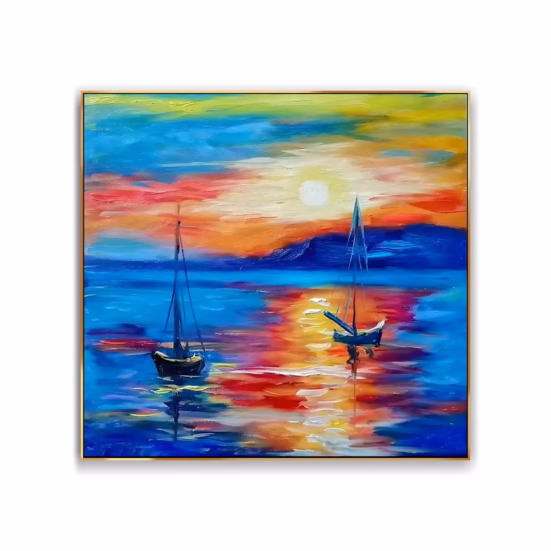 a large square impressionist painting of two dark sailboats moored on a bay, a small white sun above distant purple hills, and red, orange and gold light streaking down the blue water, in thick impasto oil