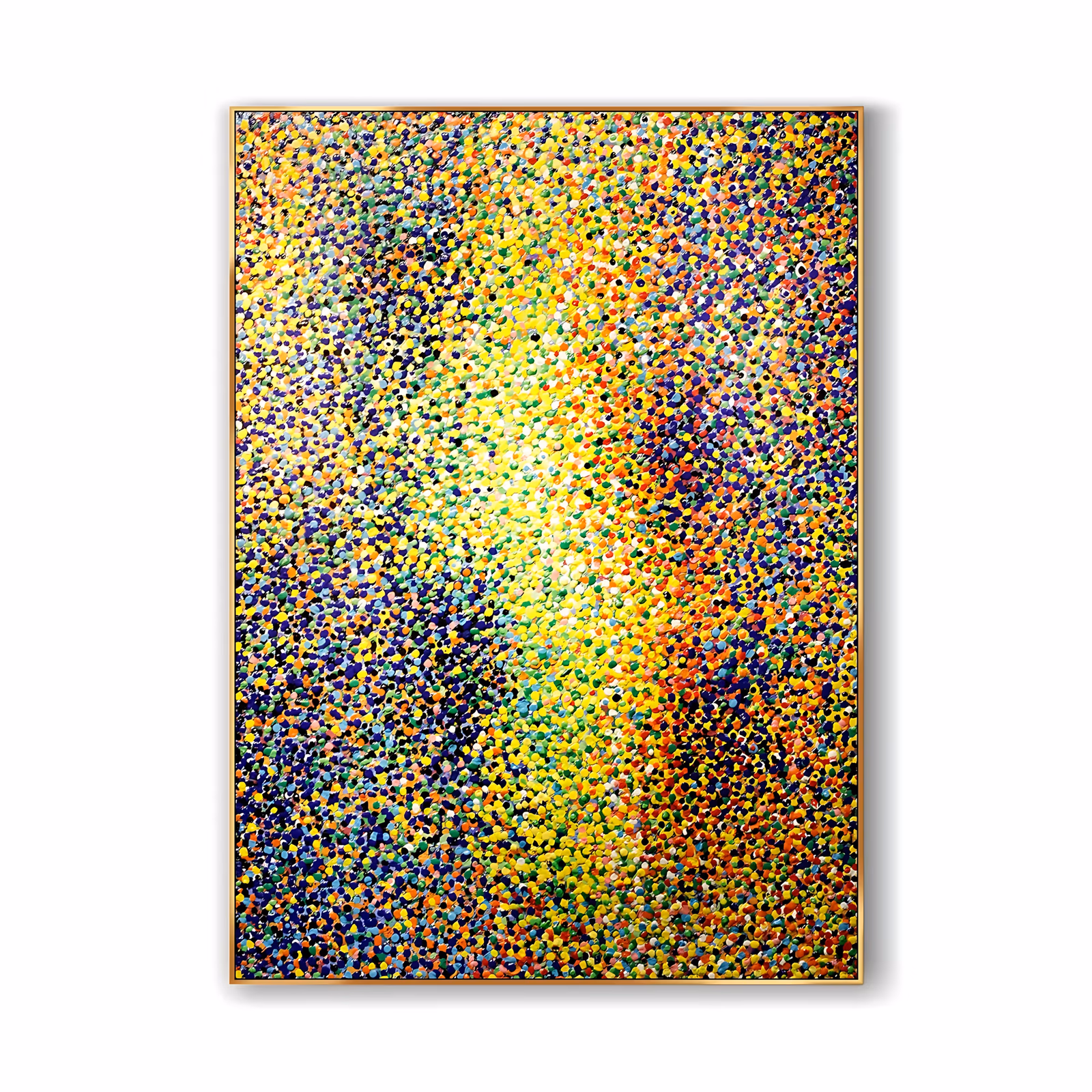 a large vertical abstract painting of thousands of small dots in yellow, orange, blue, purple and green packed over the canvas, with a pale yellow-green glow rising through the middle, in raised acrylic dots