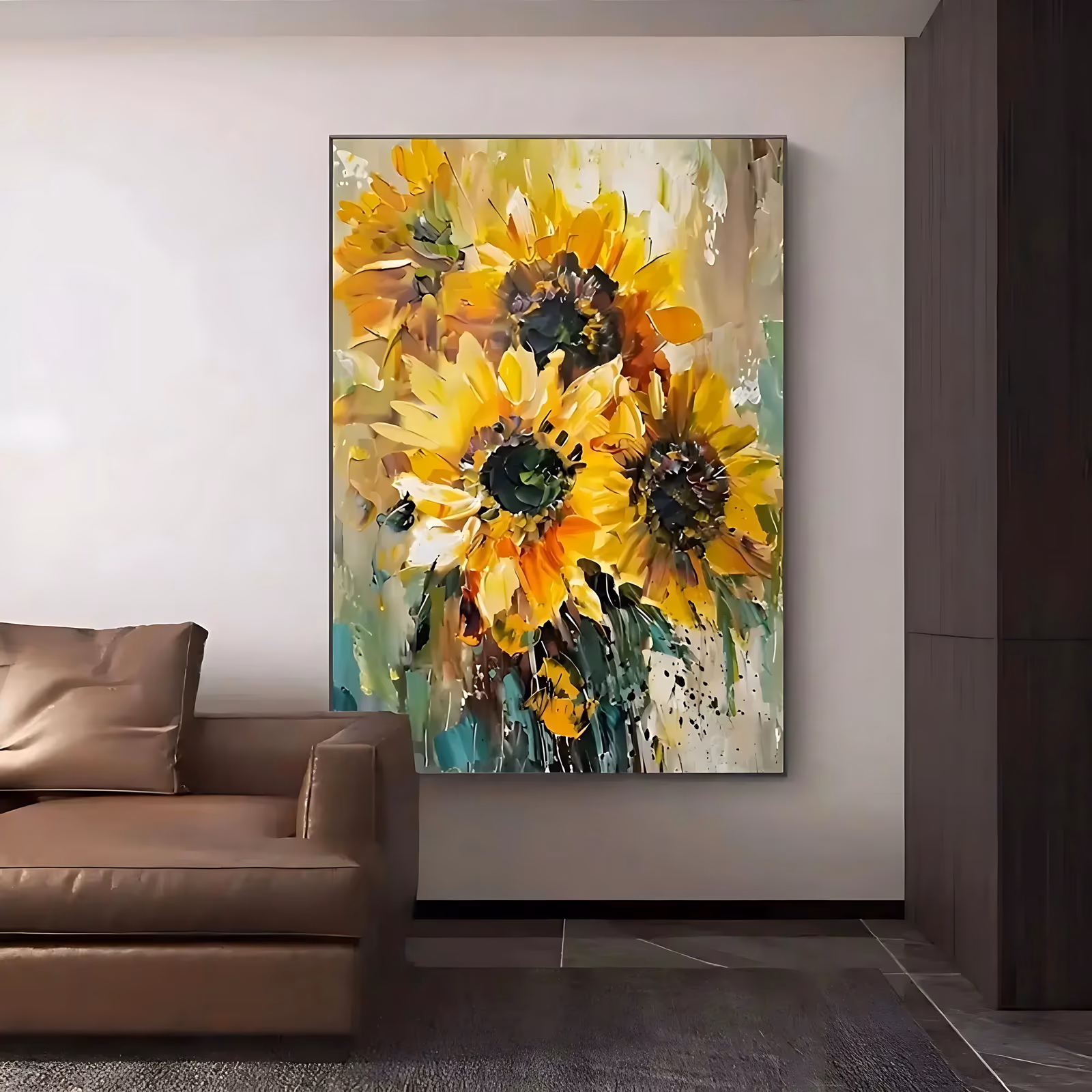 a large vertical impressionist painting of three loose yellow sunflowers with dark green centers, petals broken into knife strokes, on a beige, cream and teal ground with running paint drips
