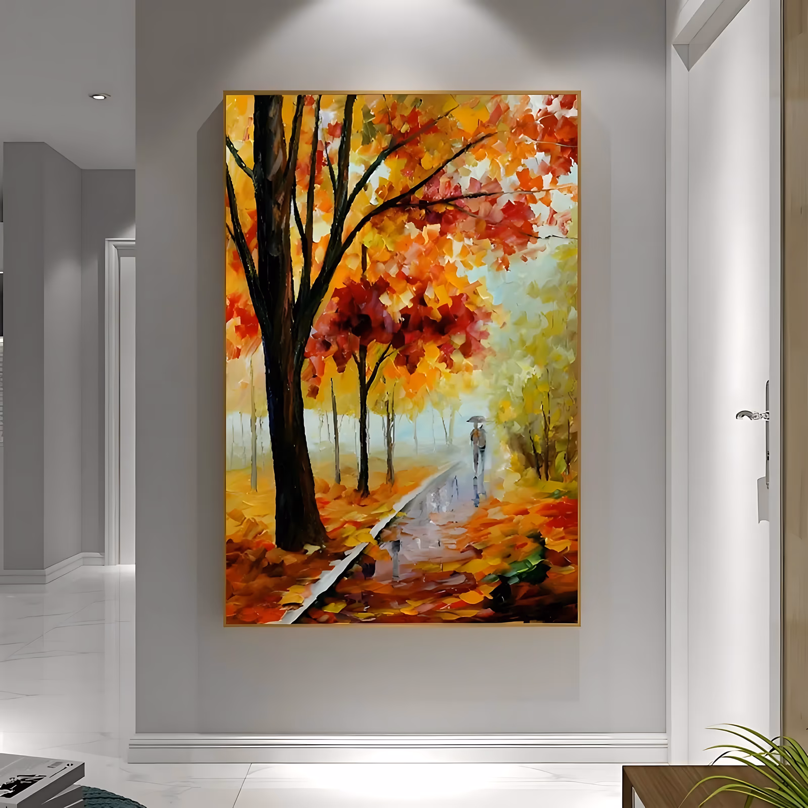 a large vertical impressionist painting of a dark tree trunk at left, yellow, orange and red foliage overhead, and a small figure under an umbrella far along a wet gray path, in thick palette-knife acrylic