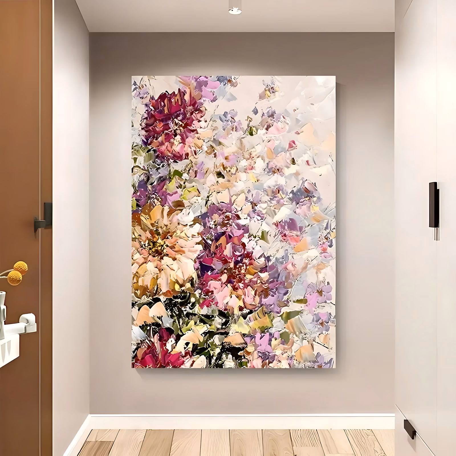 a large vertical palette-knife painting of a dense summer bouquet, with magenta and plum blooms at upper left, peach dahlias at center and lavender and cream sprays filling the rest, in thick knife-dabbed paint