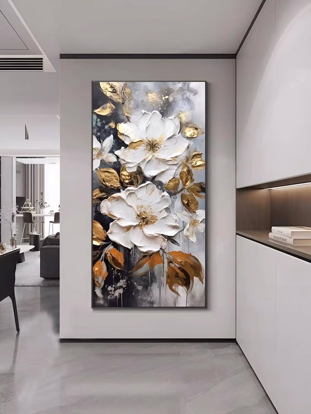 a tall vertical impasto painting of two large white blooms stacked at the center with gold-leaf and copper-orange leaves around them, on a smoky charcoal and gray ground, in thick oil impasto