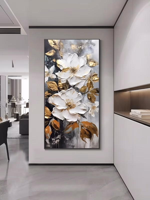 a tall vertical impasto painting of two large white blooms stacked at the center with gold-leaf and copper-orange leaves around them, on a smoky charcoal and gray ground, in thick oil impasto