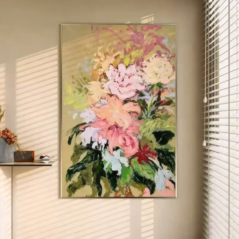 a large vertical impressionist canvas of a loose bouquet of pink, peach and cream blooms rising up the right side above dark green leaves, set on a flat warm ochre ground, in thick knife-laid paint
