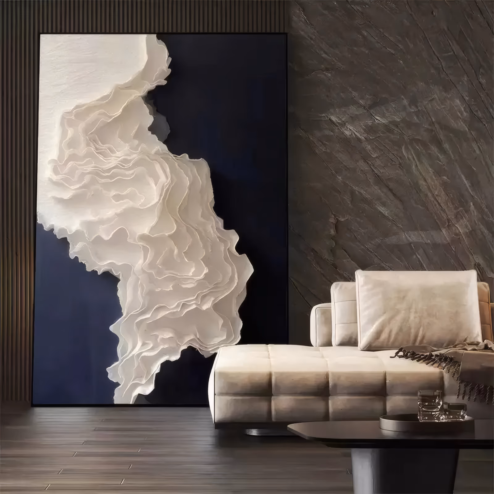 a large vertical relief painting of layered white and cream plaster ruffles curving down the center of the frame like coral or a breaking wave, set on a deep navy black ground, in sculpted 3d relief