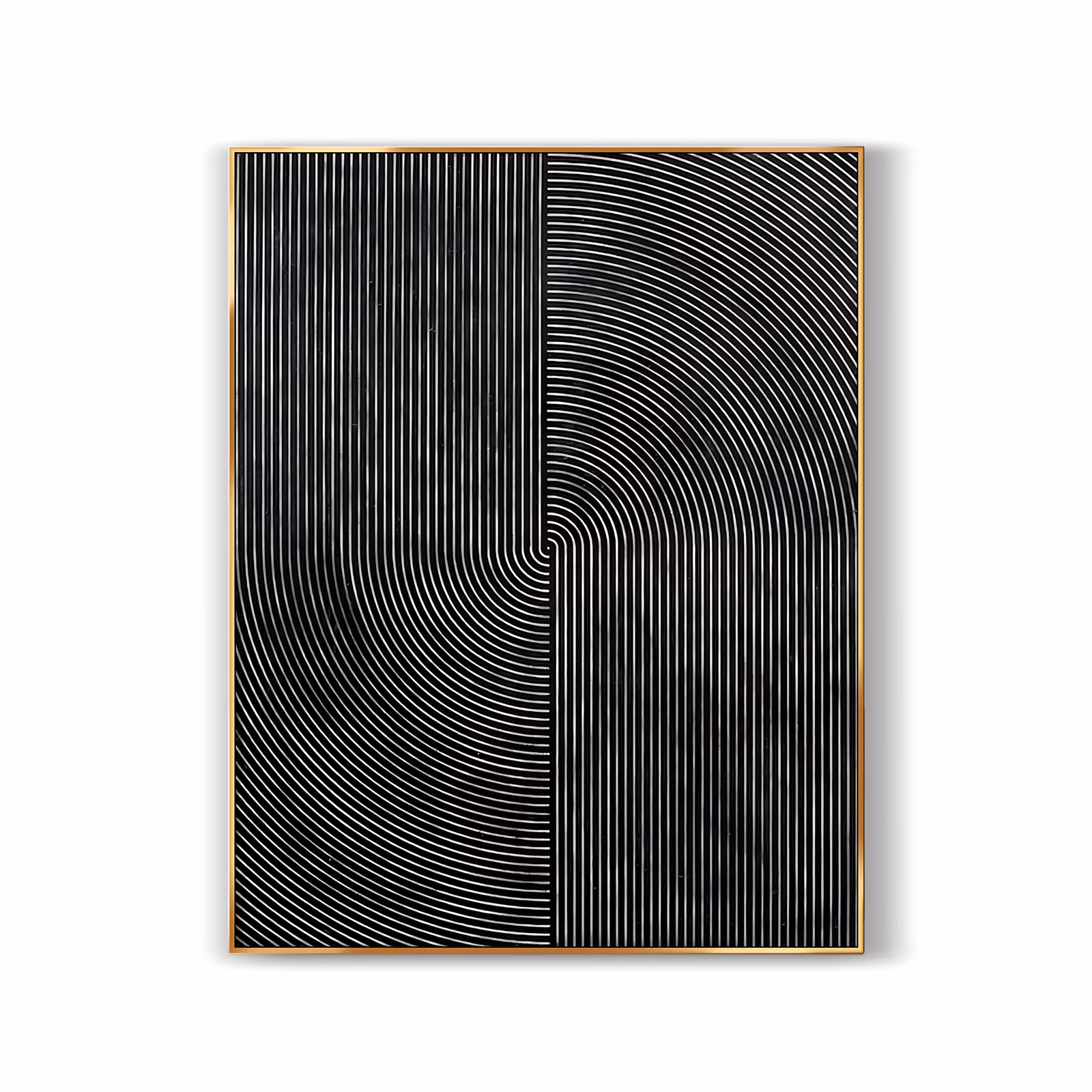 a large vertical textured black artwork of fine combed lines in four quadrants, straight verticals at top left and bottom right, concentric arcs at top right and bottom left, meeting at the center, in sculpted paste