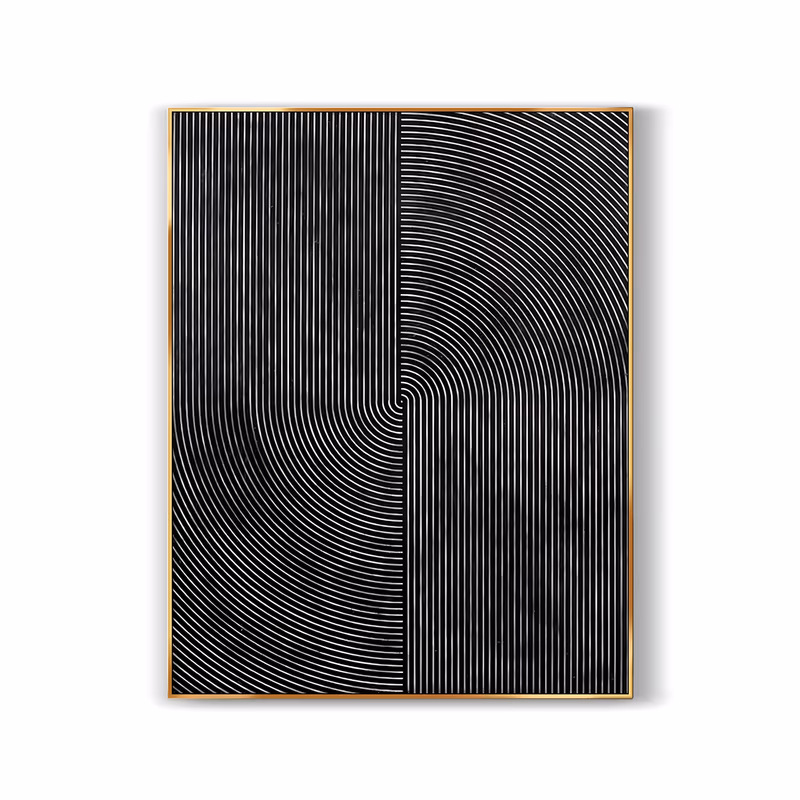 a large vertical textured black artwork of fine combed lines in four quadrants, straight verticals at top left and bottom right, concentric arcs at top right and bottom left, meeting at the center, in sculpted paste