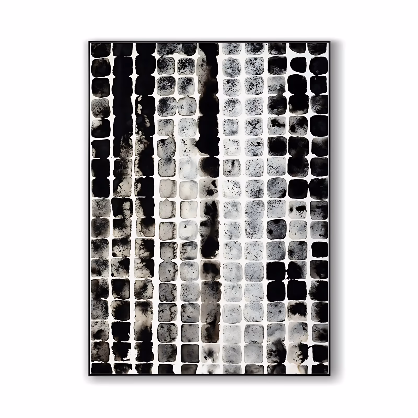 a large vertical abstract painting of a dense grid of hand-stamped rounded squares in black, charcoal and soft gray ink on a white ground, some blocks bleeding into vertical smudges, in flat ink and acrylic