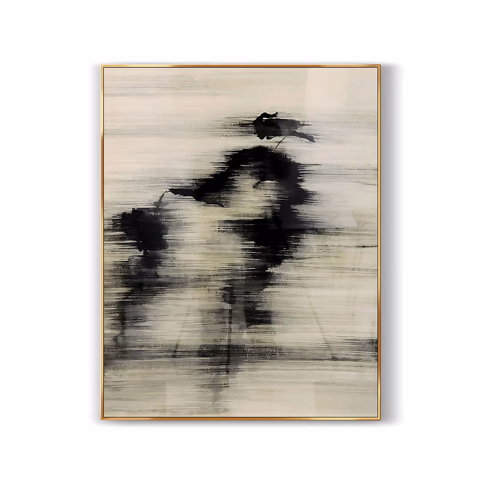 a large vertical wabi-sabi painting of a dark smudged ink mass in the center that reads as a standing figure, its edges dissolving into a dragged cream and warm grey ground, in thin dry brushwork