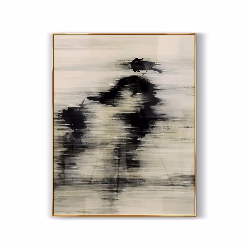 a large vertical wabi-sabi painting of a dark smudged ink mass in the center that reads as a standing figure, its edges dissolving into a dragged cream and warm grey ground, in thin dry brushwork