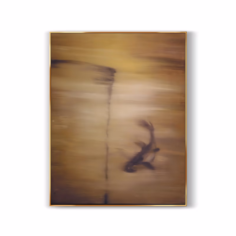 a large vertical wabi-sabi painting of a dark blurred fish in the lower right and a thin vertical line dropping from the top edge, floating in a hazy olive and ochre brown field, in softly blended oil