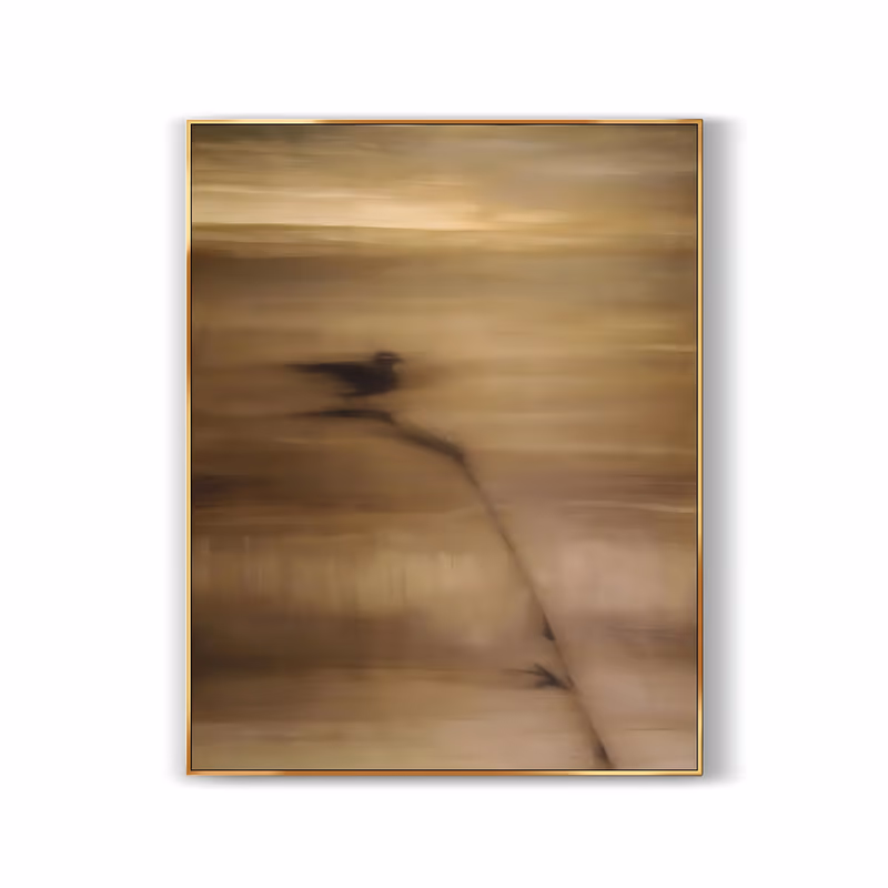 a large vertical wabi-sabi painting of a dark blurred bird perched on a thin bare branch that rises from the lower right, set in a hazy golden brown field of horizontal streaks, in softly blended oil