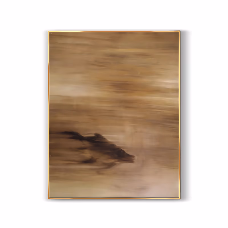 a large vertical wabi-sabi painting of a dark blurred fish shape drifting through the lower left of a warm sepia brown field, its outline dissolving into horizontal streaks of tan and umber, in blended oil