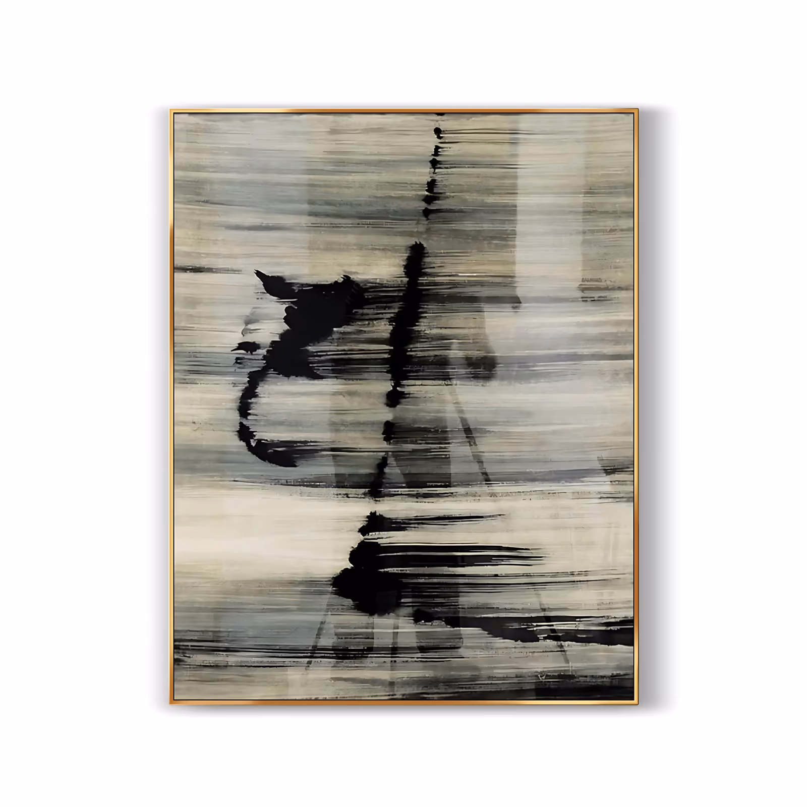 a large vertical abstract painting of black ink strokes dragged over a scraped beige and warm grey ground, horizontal brush striations pulling side to side behind two darker vertical marks, in dry thin paint