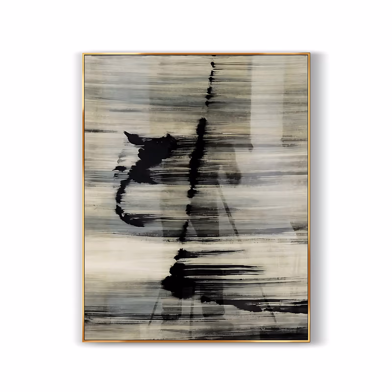 a large vertical abstract painting of black ink strokes dragged over a scraped beige and warm grey ground, horizontal brush striations pulling side to side behind two darker vertical marks, in dry thin paint