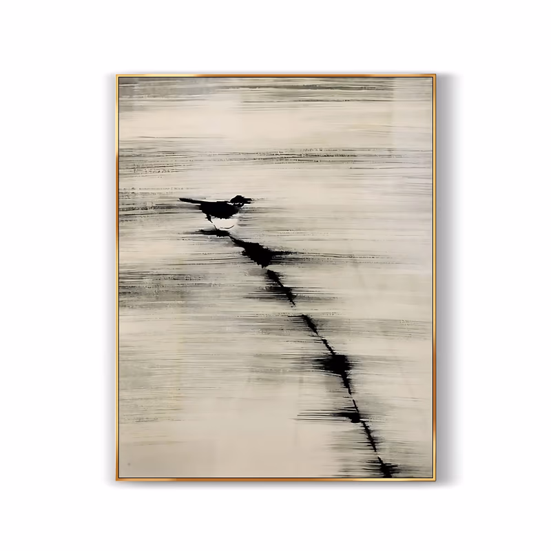 a large vertical minimalist painting of a small black bird perched near the top of a thin diagonal ink line that drops to the lower right, on a streaked beige dry-brush field, in flat ink-like paint